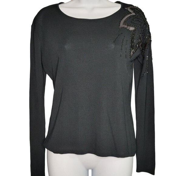 Loulou Studio Tops - Vintage Fitted Ribbed Applique Beaded‎ Shoulder Detail 3/4 Sleeve Black sz L